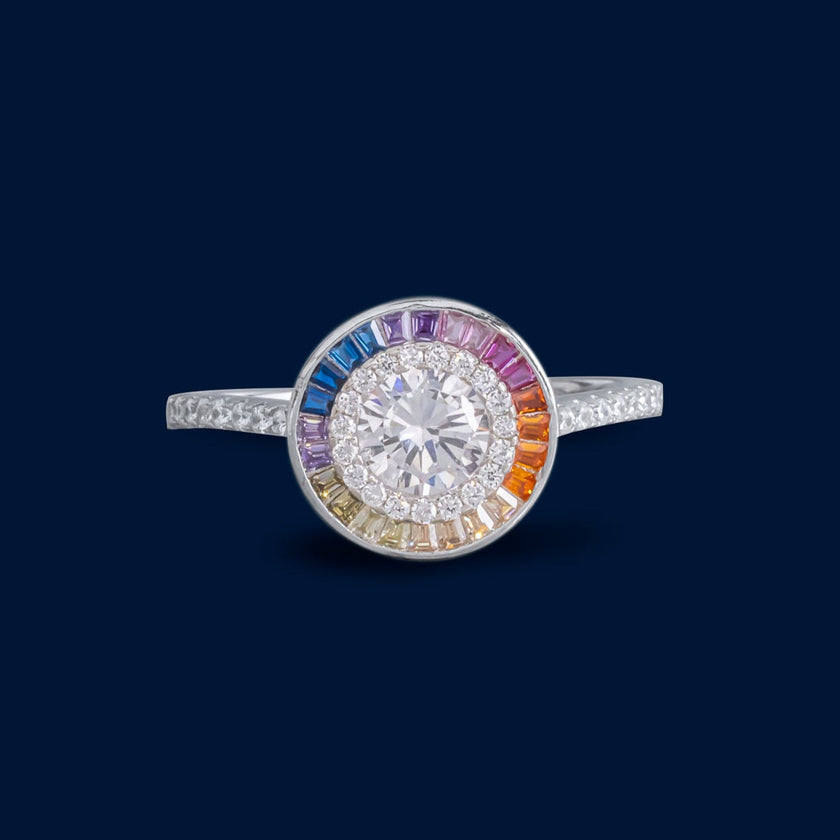#AD235 - Anillo Multicolor Piedra Zirconia Circular Plata - IP3.3