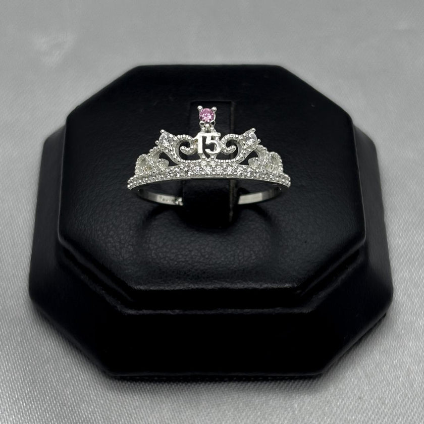 #AD300 - Anillo Corona De 15 años/XV's Con Piedra Zirconia Plata - A13/1.8