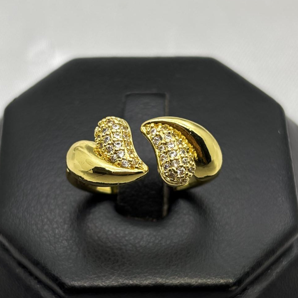 #AOL159 - Anillo Ajustable Doble Corazón Inflado Con Piedra Zirconia Oro Laminado 18K - LA030/