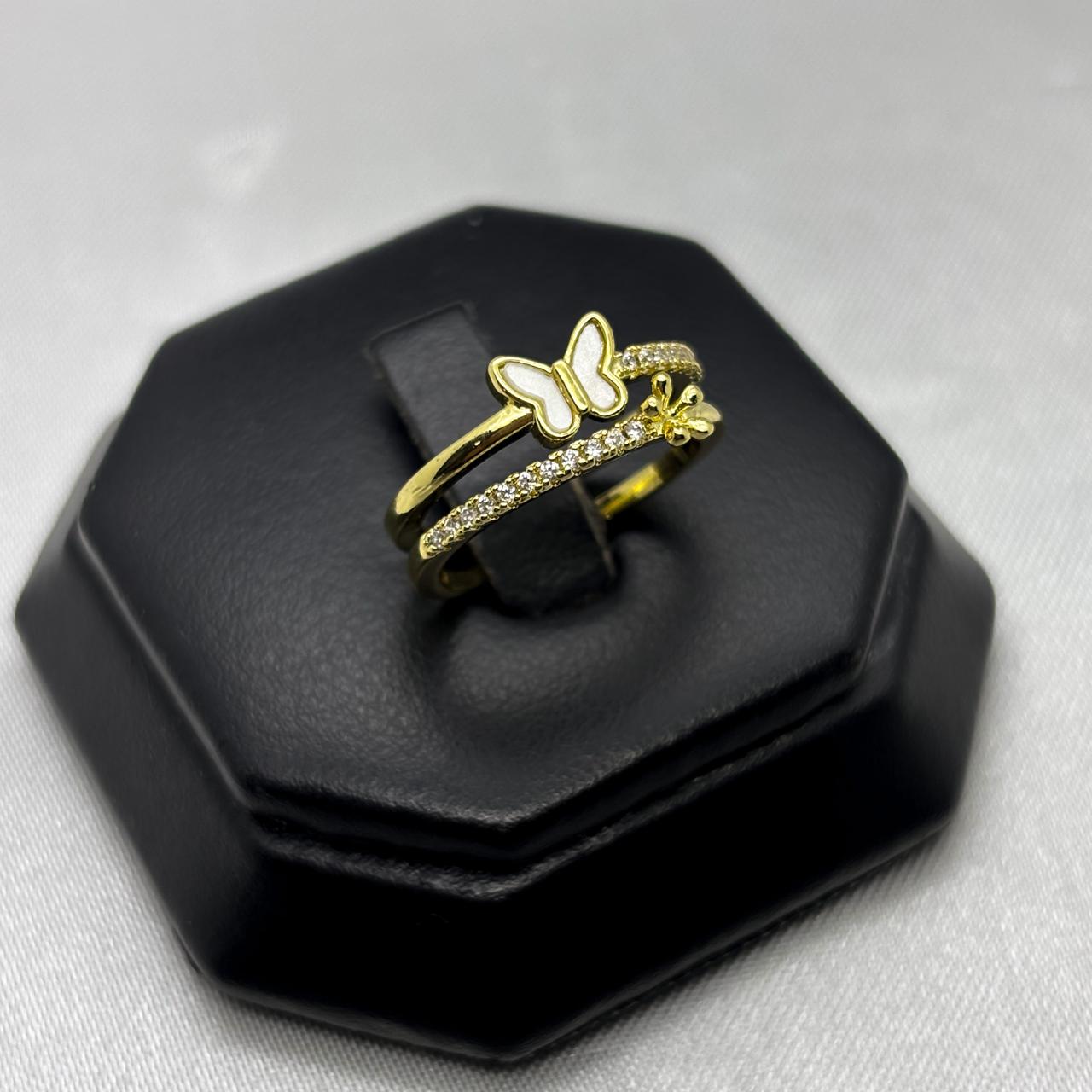 #AOL163 - Anillo Ajustable Flor Y Mariposa Piedra Zirconia Oro Laminado 18K - LA030/