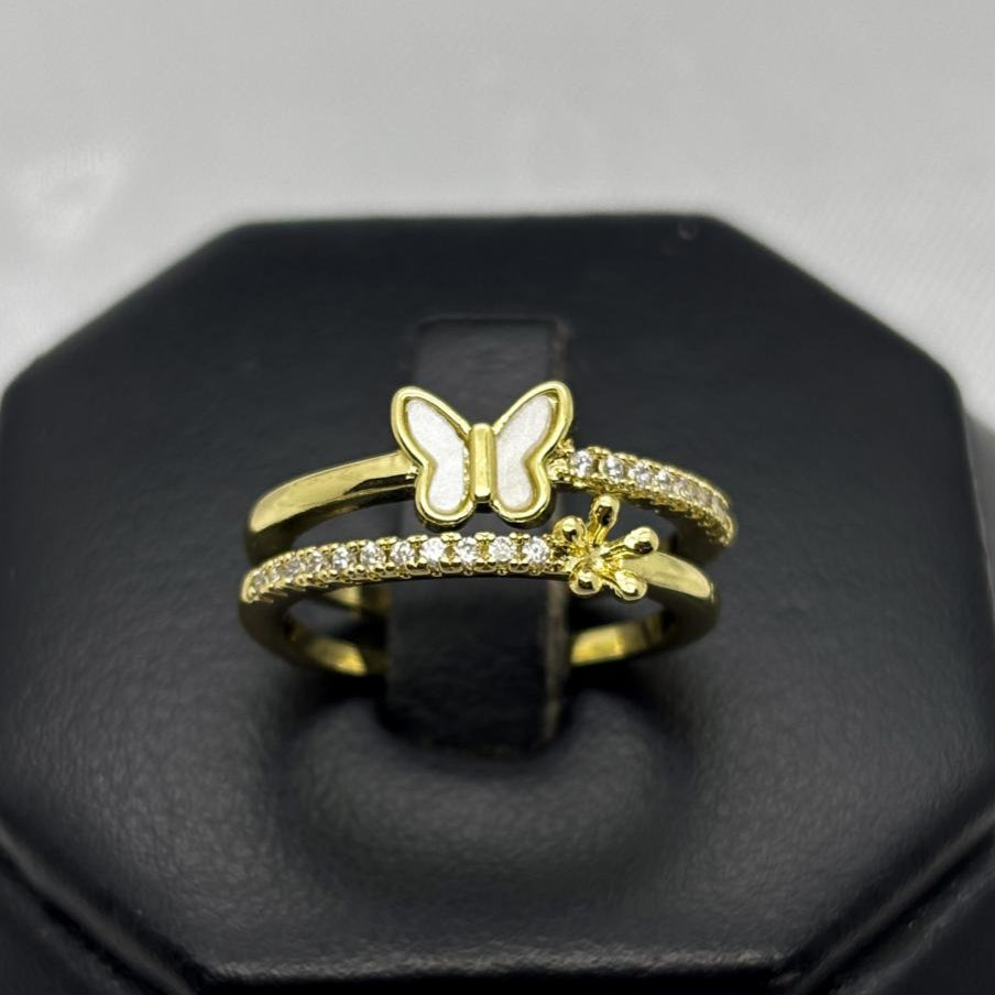 #AOL163 - Anillo Ajustable Flor Y Mariposa Piedra Zirconia Oro Laminado 18K - LA030/