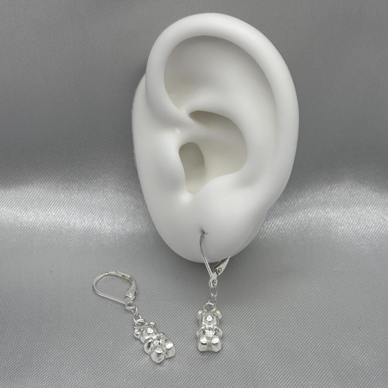 #AR157 - Arete Colgante Oso/Osito Con Piedra Zirconia Plata - IP3.7