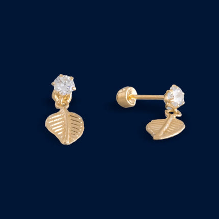 #B10197 - Broquel/Arete Con Hoja Colgante De Oro 10k - L265/