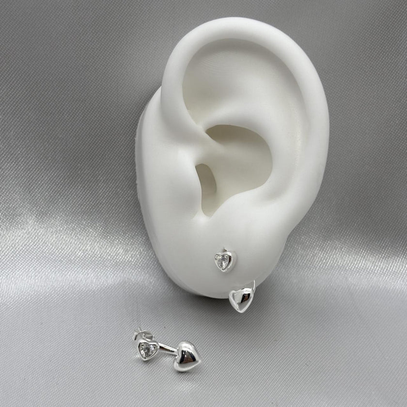 #BR298 - Broquel Doble Corazón Piedra Zirconia Plata - B11/2.5