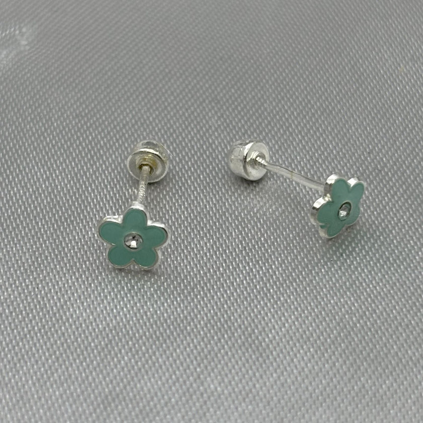 #BR312 - Broquel Flor Esmaltada Con Piedra Zirconia Plata - F34/