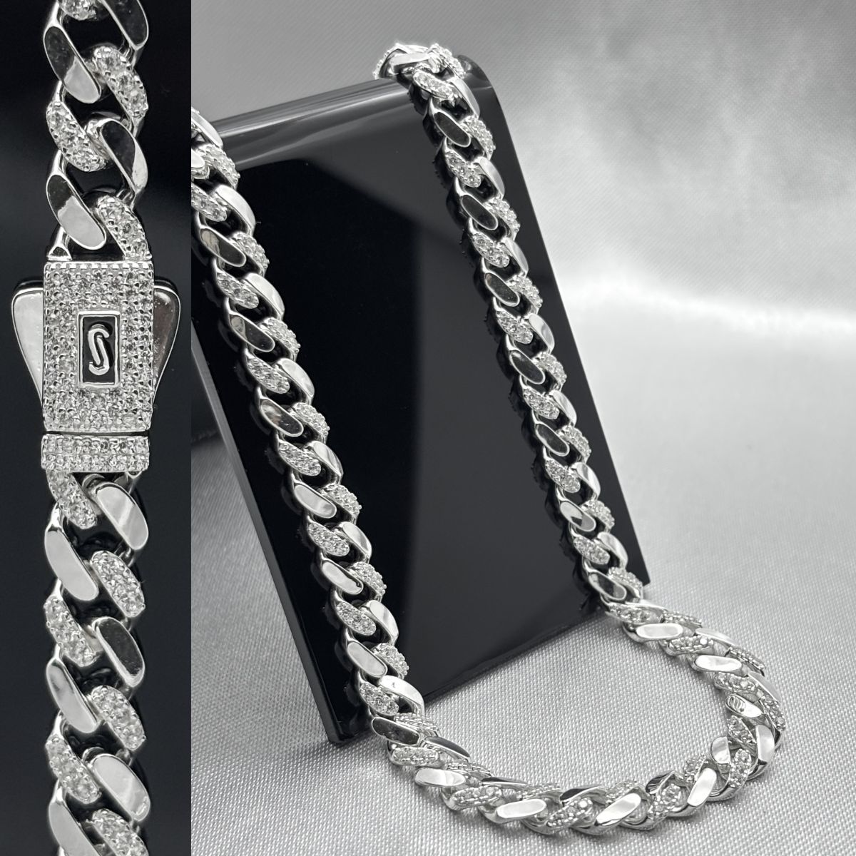 #CAD209 - Cadena Tipo Monaco 1x1 Piedra Zirconia Baño Rodio/Plata - 6 mm - B14/38.1