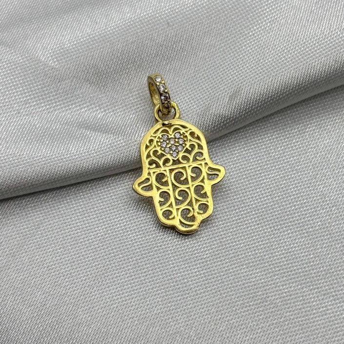 #D10223 - Dije Mano Hamsa/Fátima Corazón Piedra Zirconia Oro 10K - H01/1.6