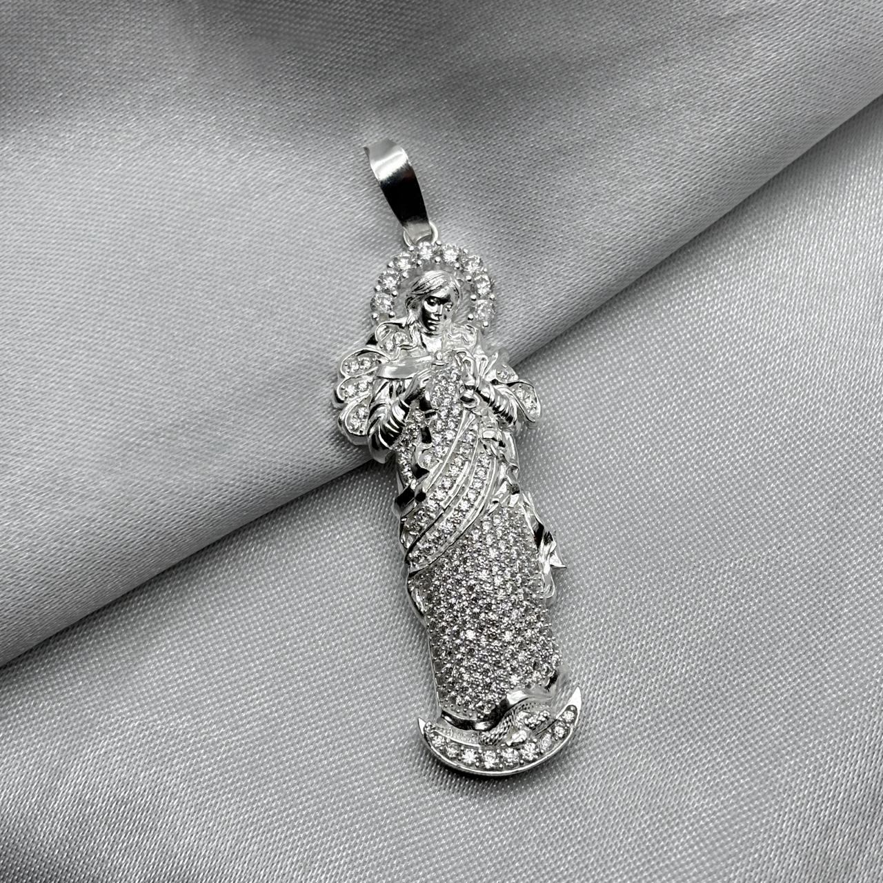 #D361 - Dije Virgen María Desatadora/Desatanudos Con Piedra Zirconia Plata - A18/7.4