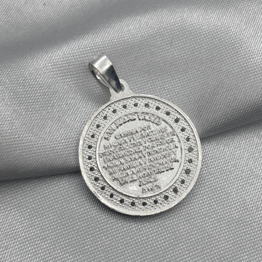 #D406 - Dije/Medalla Circular San Judas Tadeo Oración Piedra Zirconia Plata - LL3.7