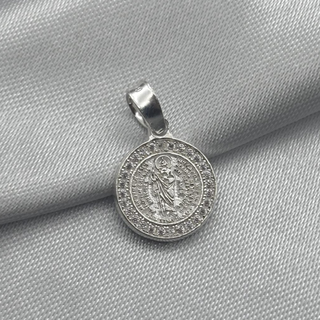 #D406 - Dije/Medalla Circular San Judas Tadeo Oración Piedra Zirconia Plata - LL3.7