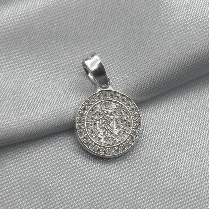 #D406 - Dije/Medalla Circular San Judas Tadeo Oración Piedra Zirconia Plata - LL3.7