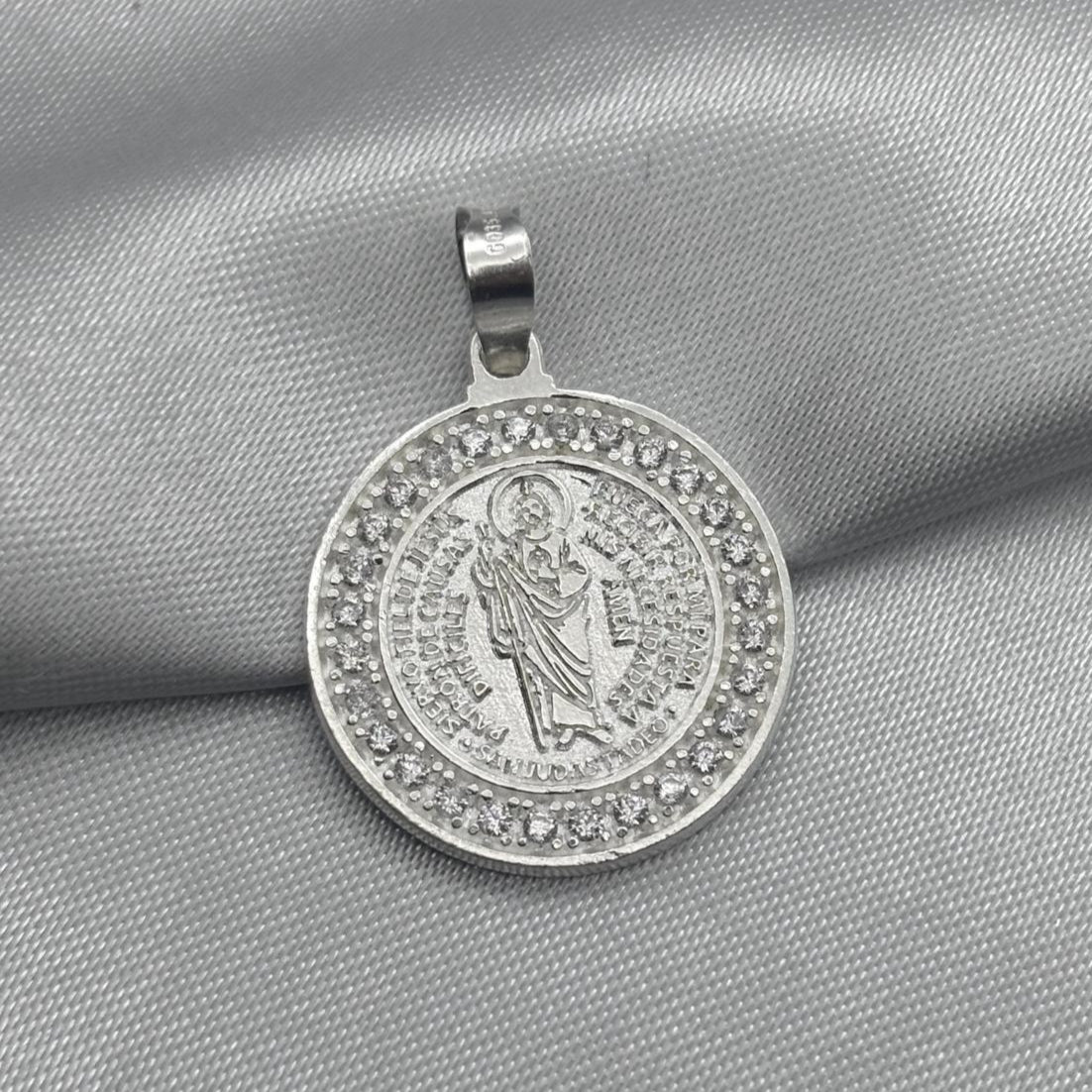 #D406 - Dije/Medalla Circular San Judas Tadeo Oración Piedra Zirconia Plata - LL3.7