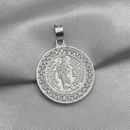 #D406 - Dije/Medalla Circular San Judas Tadeo Oración Piedra Zirconia Plata - A18/3.7