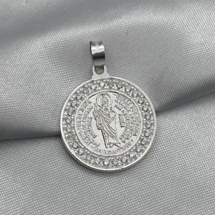 #D406 - Dije/Medalla Circular San Judas Tadeo Oración Piedra Zirconia Plata - LL3.7