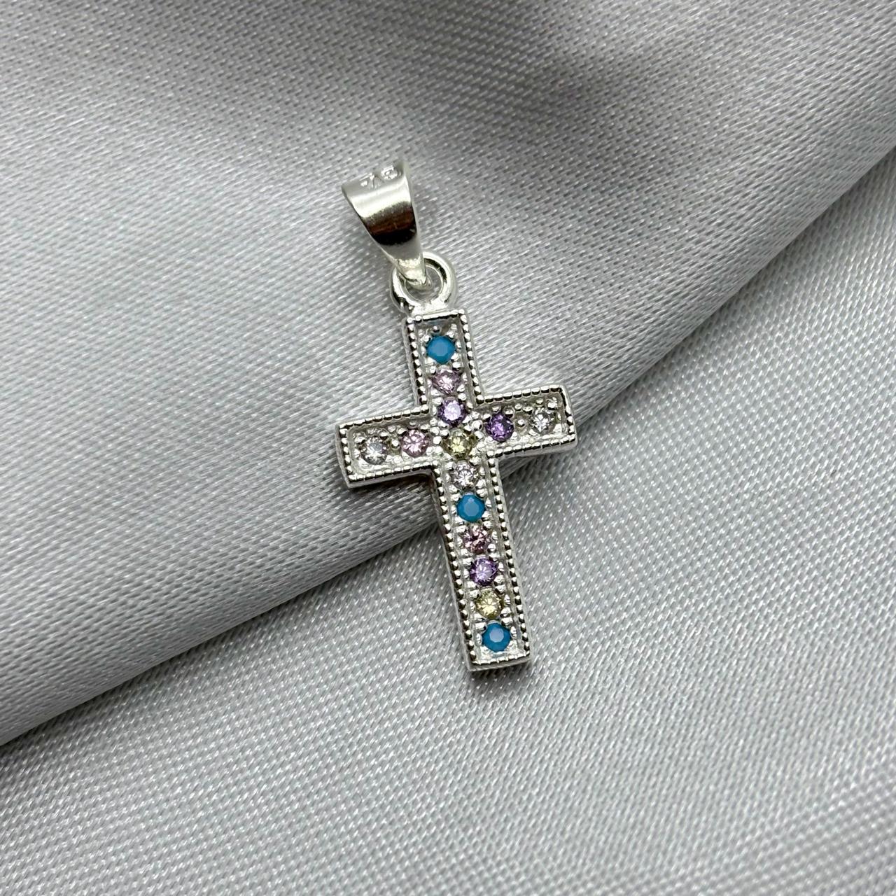 #D412 - Dije Cruz Con Piedra Zirconia Multicolor Plata - A09/2.1