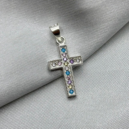 #D412 - Dije Cruz Con Piedra Zirconia Multicolor Plata - A09/2.1