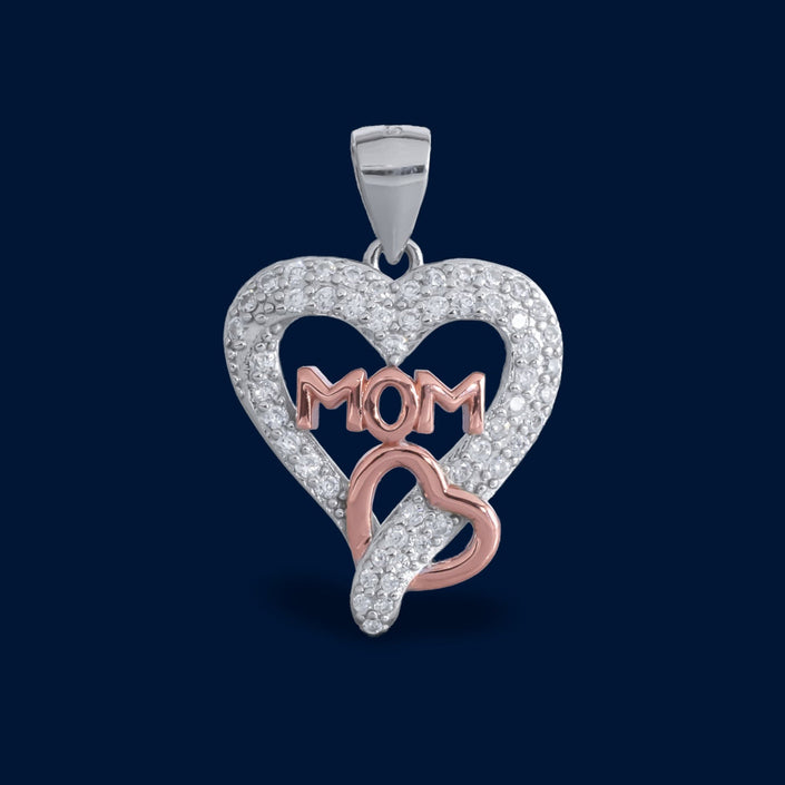 #D431 - Dije Doble Corazón Mamá Con Piedra Zirconia Baño Rodio Plata - IP2.6