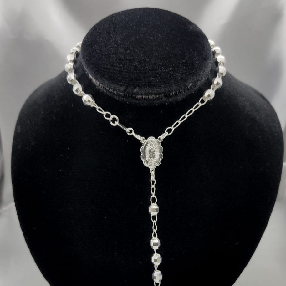 #MR122 - Rosario Virgen De Guadalupe Y Cristo Diamantada Plata - 6 mm - B07/25.1