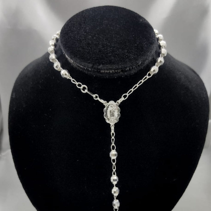 #MR122 - Rosario Virgen De Guadalupe Y Cristo Diamantada Plata - 6 mm - B07/25.1