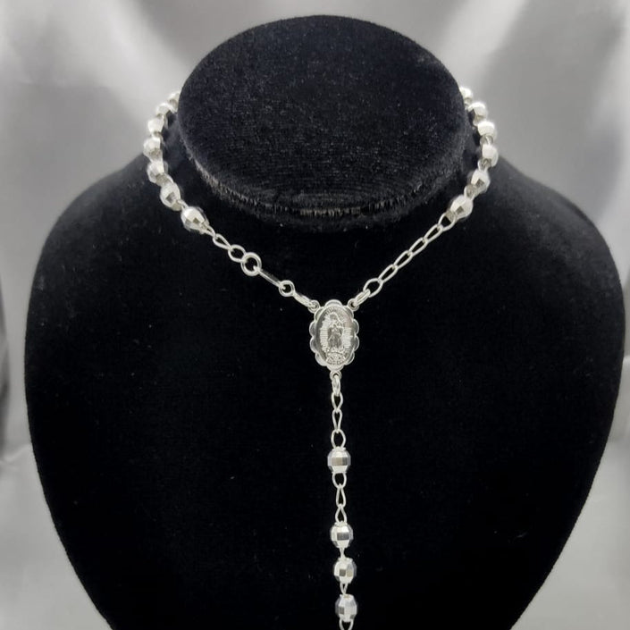 #MR138 - Rosario Virgen De Guadalupe Y Cristo Diamantada Plata - 5 mm - B07/19.3