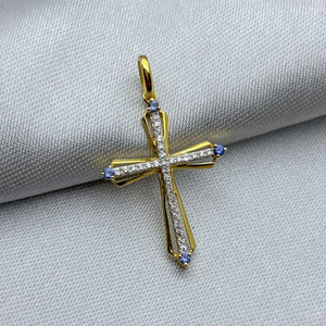 #DX14101 - Dije Cruz Con Diamante Natural Y Zafiros Oro 14K - SX340/