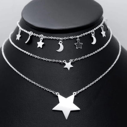 #G225 - Gargantilla Triple Estrellas Y Lunas Plata - A18/7.1