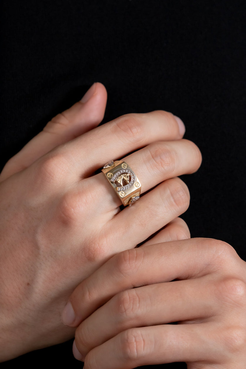 #HE129 - Anillo De Herradura Y Caballo De Oro 10k - H05/6.2