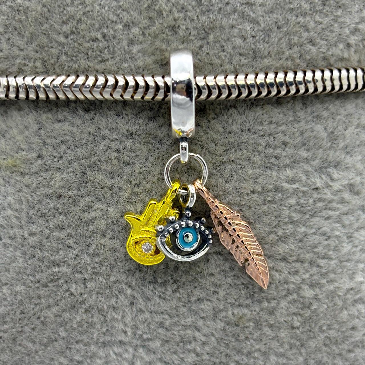 #PAN486 - Charm Ojo Turco, Mano de Fátima, Pluma Plata - B12/2.5