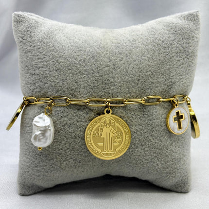 #PAL166 - Pulsera Con Dijes Religiosos y Perla De Oro Laminado 18k - LB055/