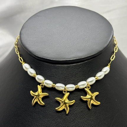 #GOL142 - Gargantilla Con Perlas y Estrellas del Mar De Oro Laminado 18k - LB045/