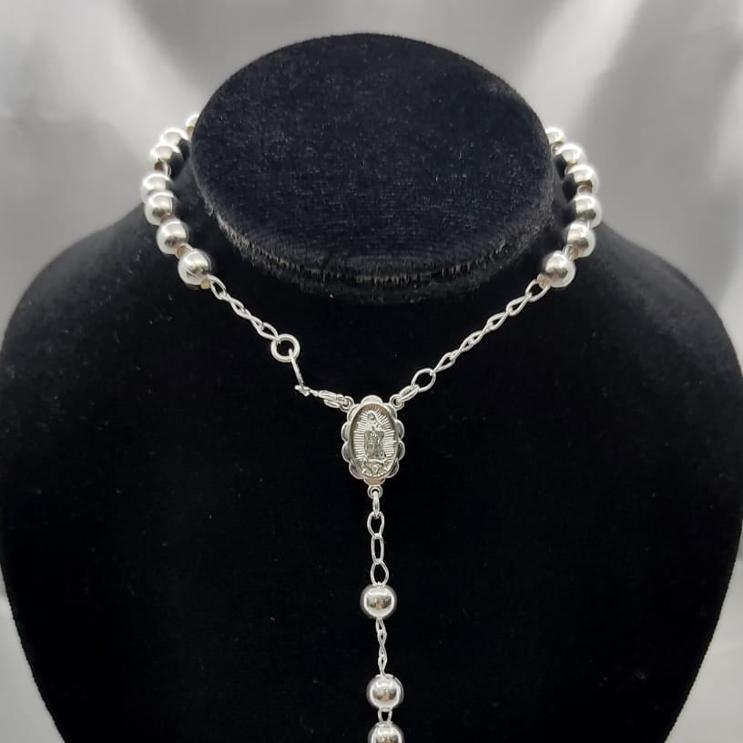 #MR107 - Rosario Virgen De Guadalupe Y Cruz Liso Plata - 5 mm - B05/19.8