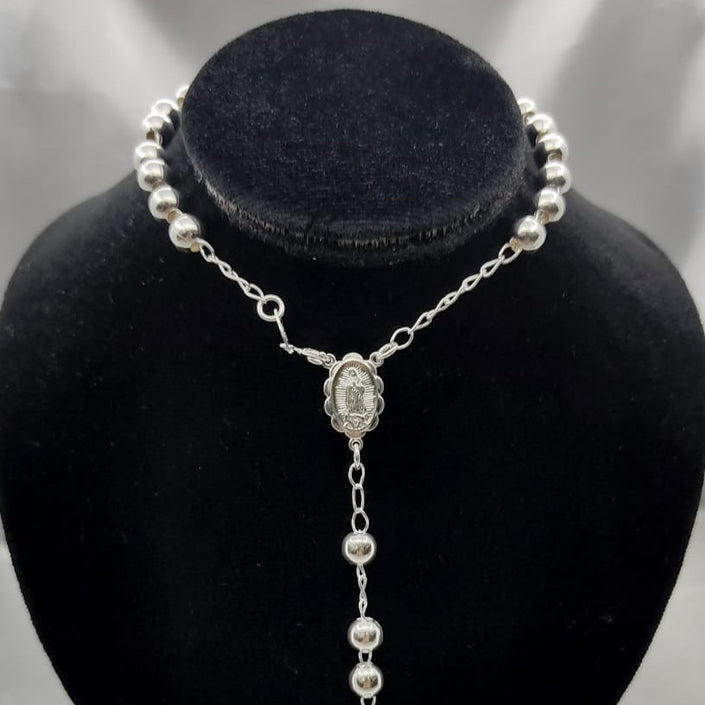 #MR139 - Rosario Virgen De Guadalupe Y Cruz Liso Plata - 6 mm - B05/27.0