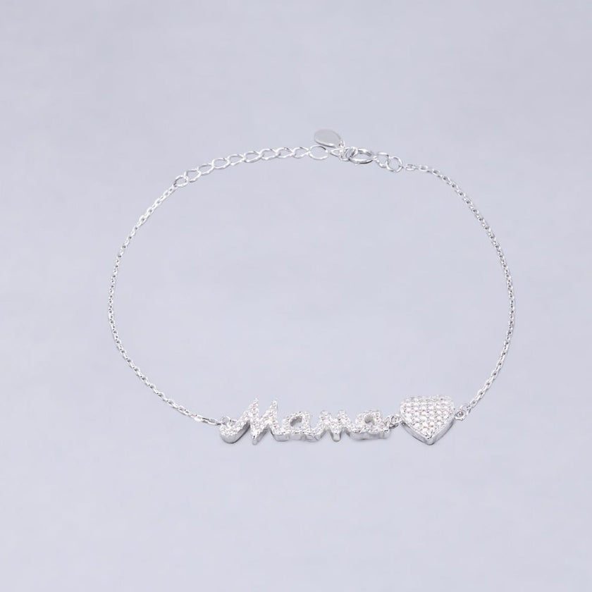 #PA156 - Pulsera De Mamá Y Corazón Con Piedra Zirconia Plata - C14/4.1