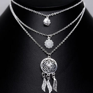 #G119 - Gargantilla Triple De Atrapa Sueños y Flor - A18/6.8