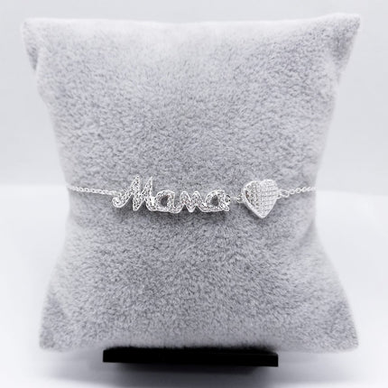 #PA156 - Pulsera De Mamá Y Corazón Con Piedra Zirconia Plata - C14/4.1