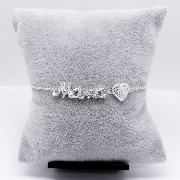 #PA156 - Pulsera De Mamá Y Corazón Con Piedra Zirconia Plata - C14/4.1