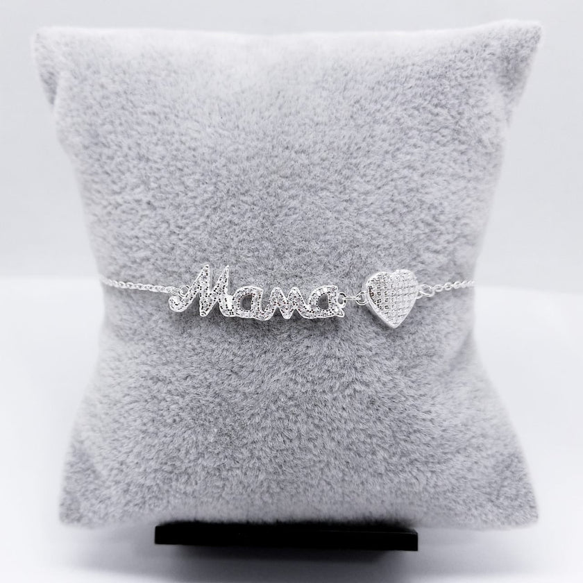 #PA156 - Pulsera De Mamá Y Corazón Con Piedra Zirconia Plata - C14/4.1