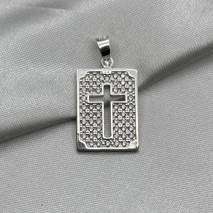 #D441 - Dije Rectangular Con Cruz Y Piedra Zirconia De Plata - A09/4.0