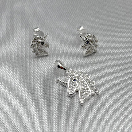 #J121 - Juego Unicornio Dije y Broquel con Zirconias Plata - C25/3.3