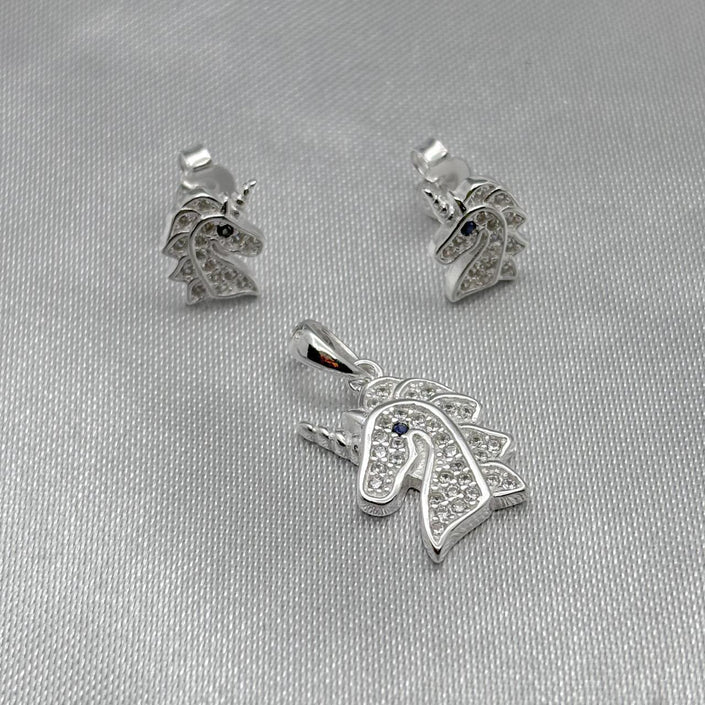 #J121 - Juego Unicornio Dije y Broquel con Zirconias Plata - C25/3.3