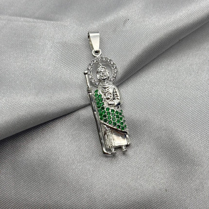 #D311 - Dije San Judas Tadeo Bastón Con Zirconias Dos Colores Plata - A08/4.5