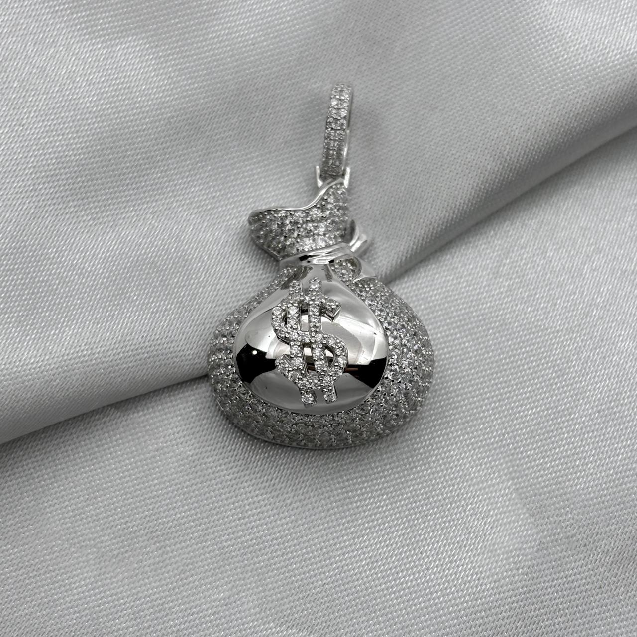 #D193 - Dije Bolsa De Dinero Con Zirconia Baño De Rodio Plata -MI11.4