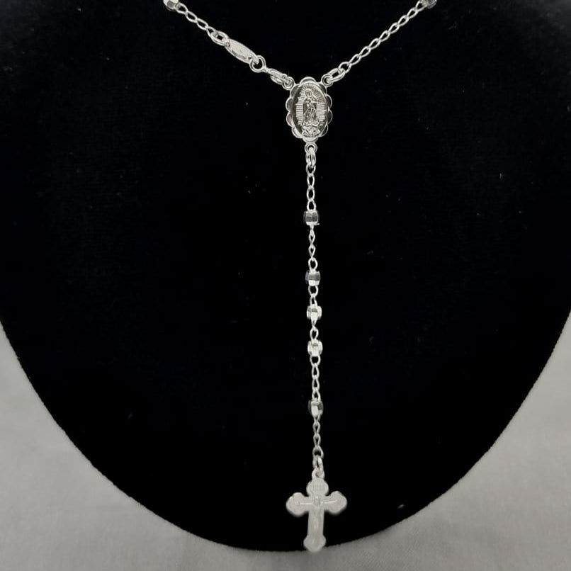 #MR108 - Rosario Virgen De Guadalupe Diamantada Plata - 3 mm - A09/7.8