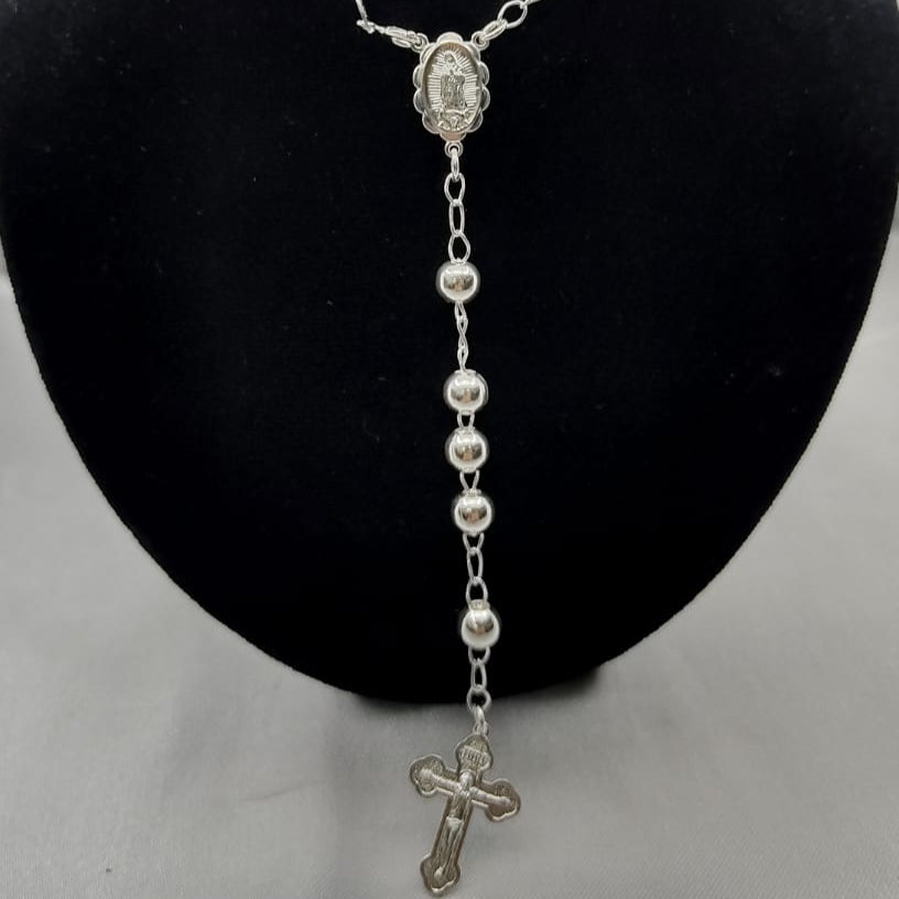 #MR107 - Rosario Virgen De Guadalupe Y Cruz Liso Plata - 5 mm - B05/19.8