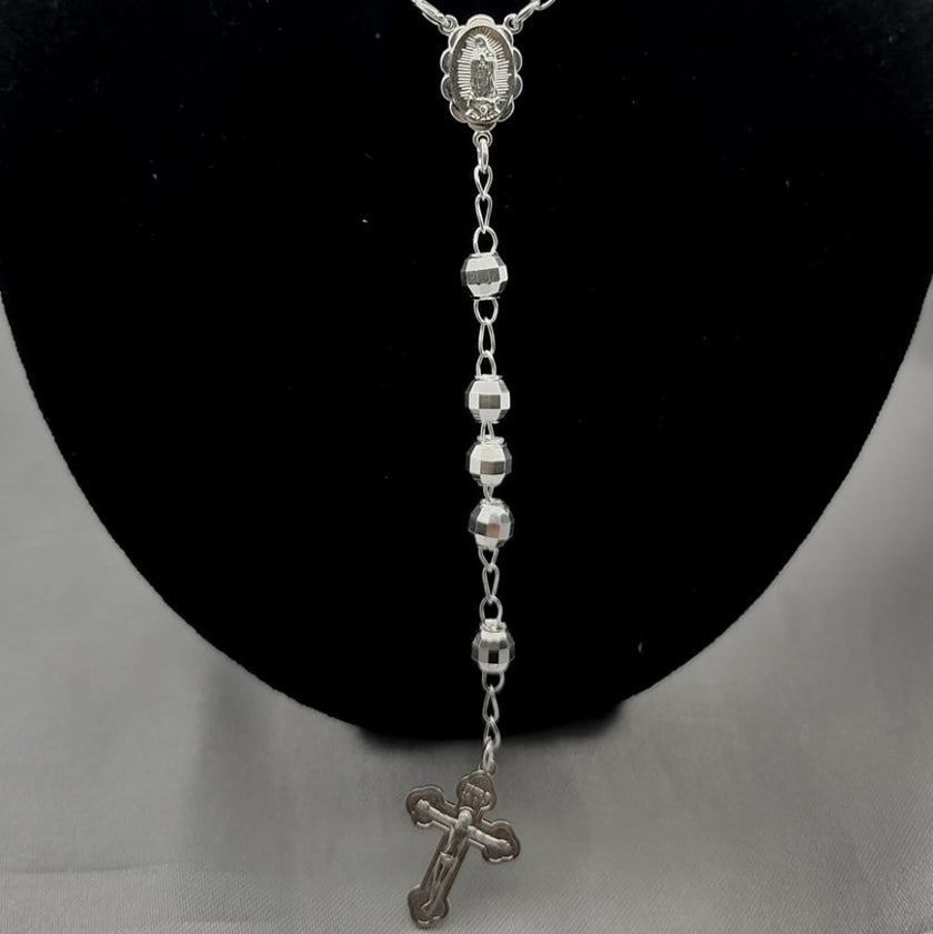 #MR122 - Rosario Virgen De Guadalupe Y Cristo Diamantada Plata - 6 mm - B07/25.1