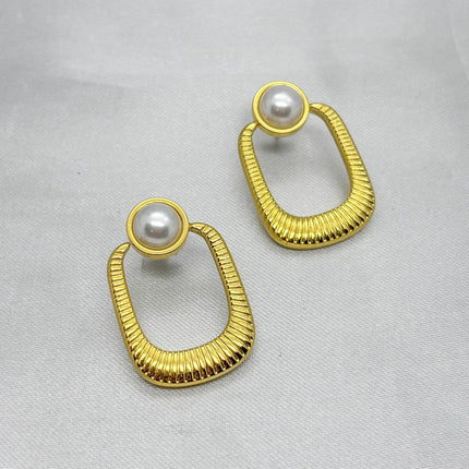 #ARL151 - Aretes Rectangulares Biselado Con Perla Oro Laminado De 18k - LB025/