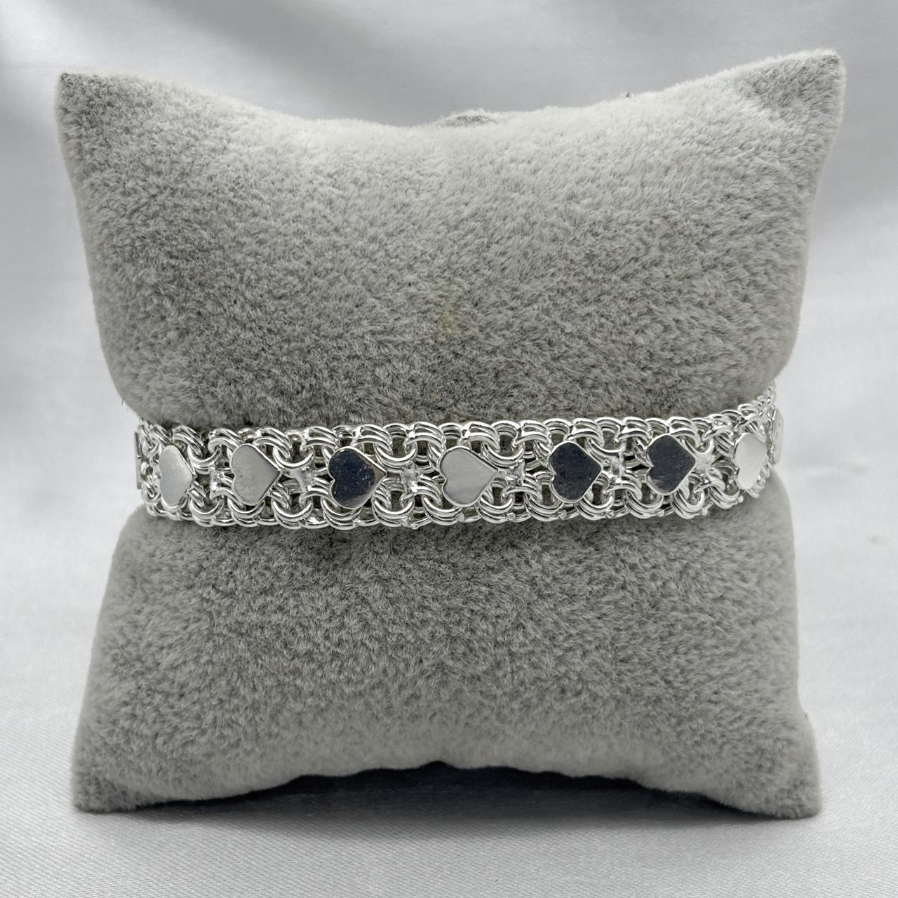 #PO226 - Pulso Doble Tejido Chino Con Corazones Plata- A08/23.9