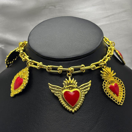 #GOL156 - Gargantilla Corazones Rojos Oro Laminado 18K/LA080