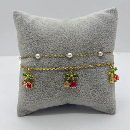 #PAL182 - Pulsera Con Cerezas y Perlas Oro Laminado 18k - LB030/