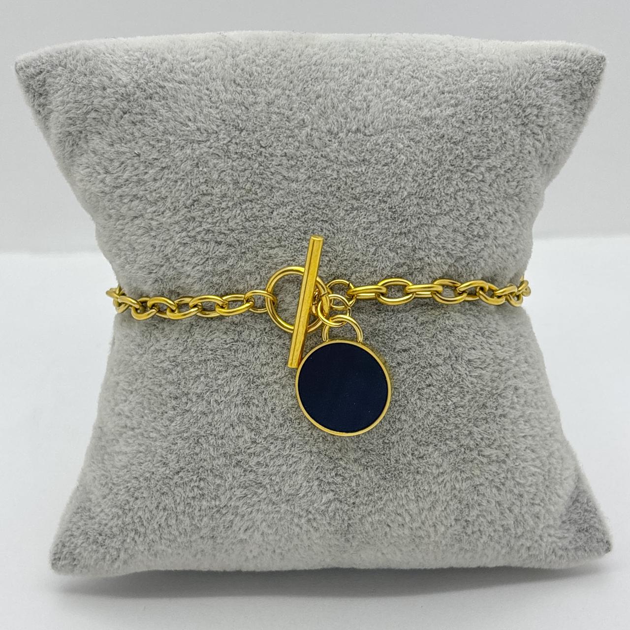 #PAL192 - Pulsera Con Circulo Negro De Oro Laminado 18k - LB025/